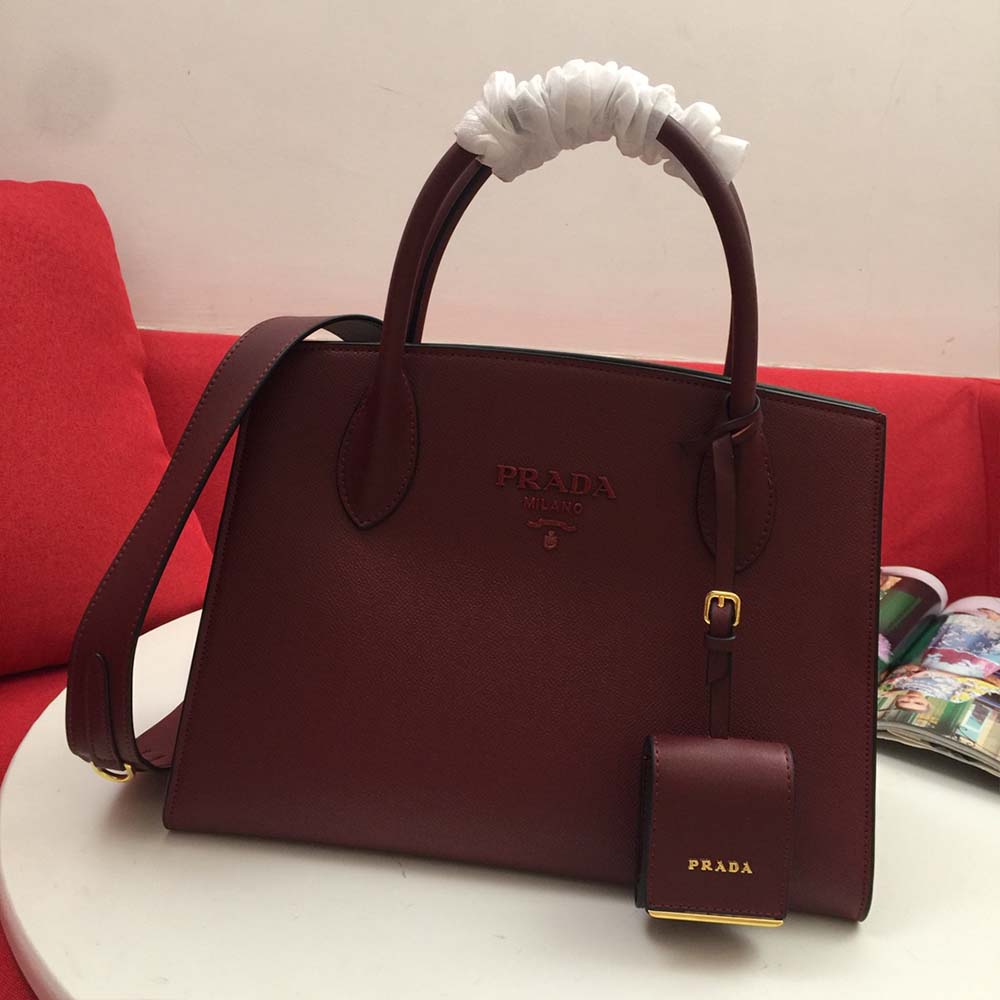 Bolsa Monocromática de cuero Saffiano de Prada Medium 1BA155 (66158) Vino-2