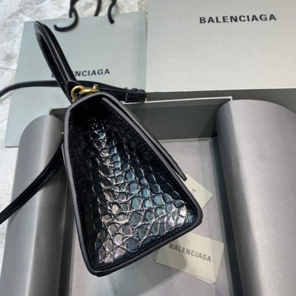 Balenciaga 593546 Hourglass Small Top Many Crocodile Bolsa Negro Gold-1