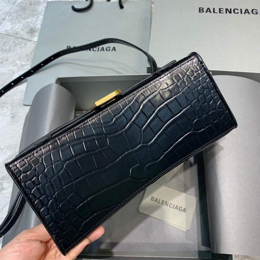 Balenciaga 593546 Hourglass Small Top Many Crocodile Bolsa Negro Gold-2