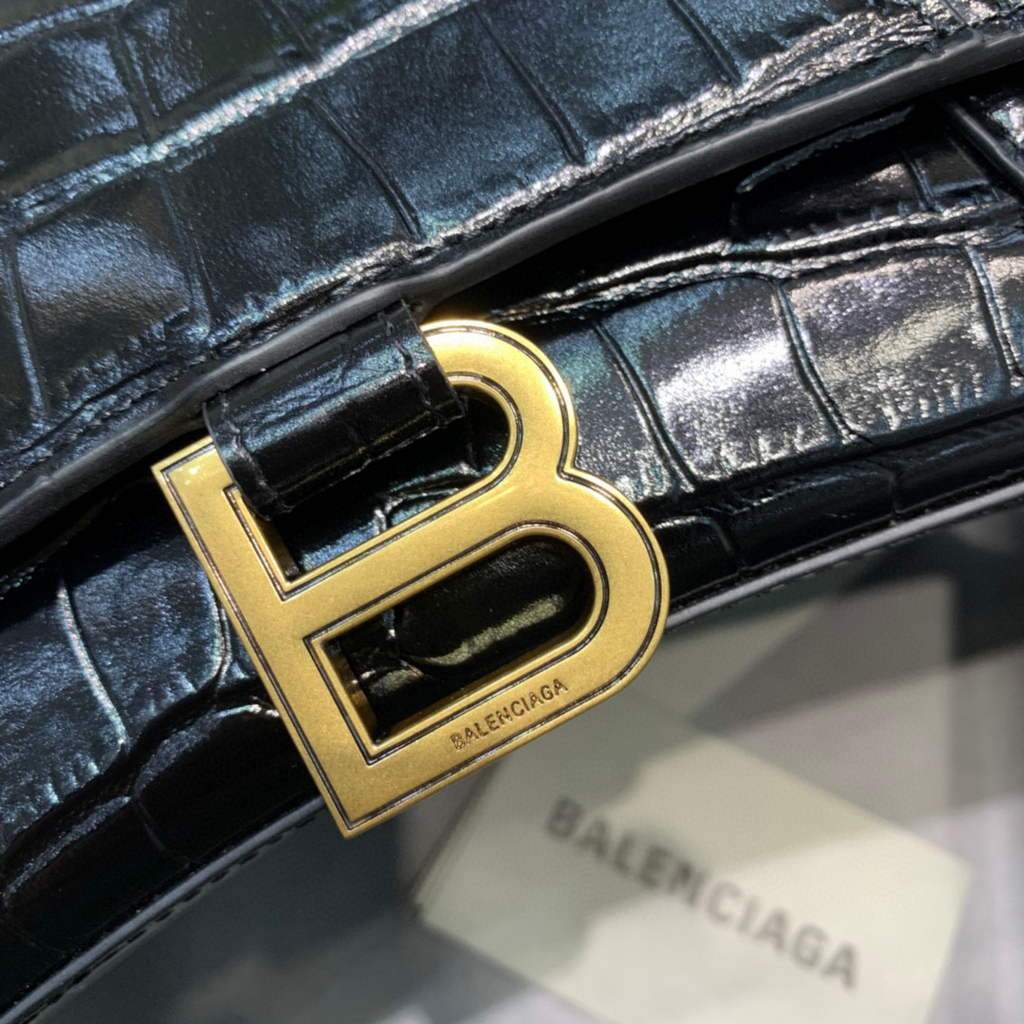 Balenciaga 593546 Hourglass Small Top Many Crocodile Bolsa Negro Gold-3