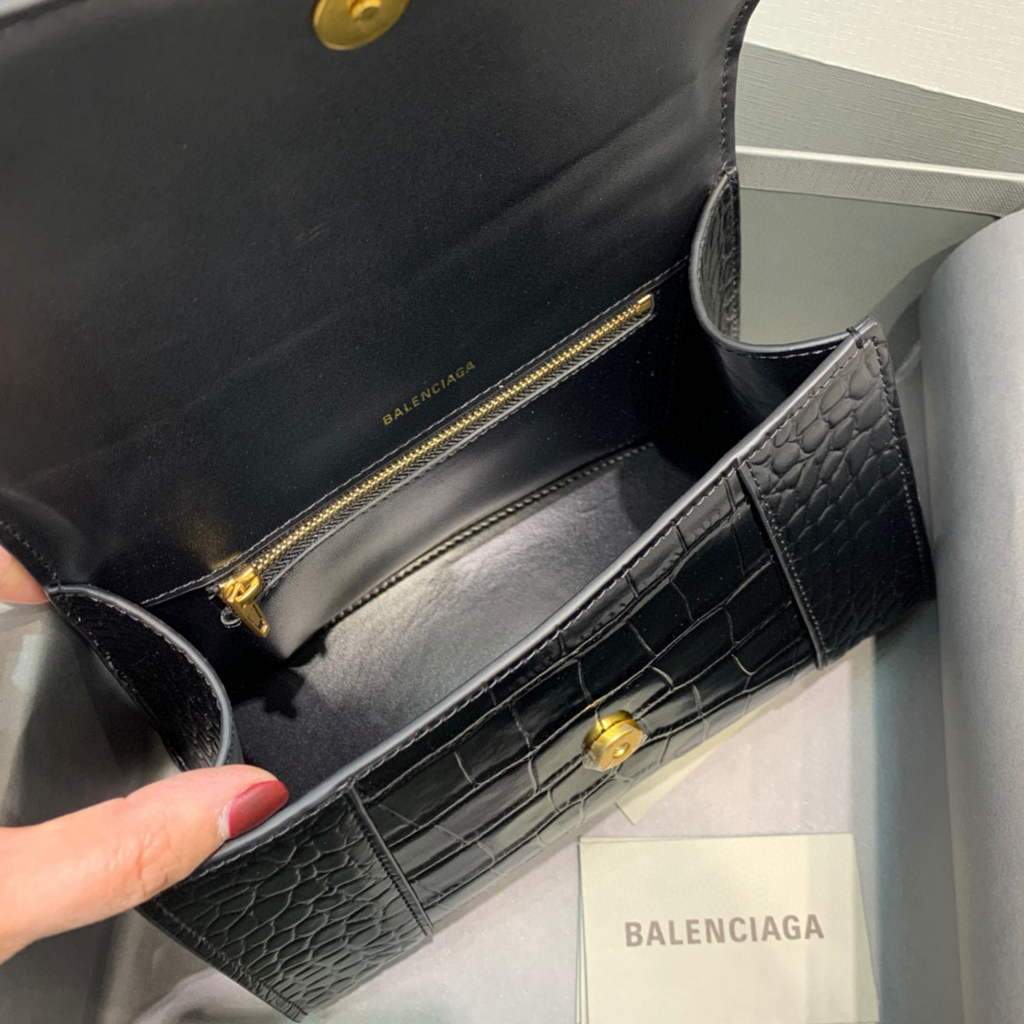 Balenciaga 593546 Hourglass Small Top Many Crocodile Bolsa Negro Gold-5