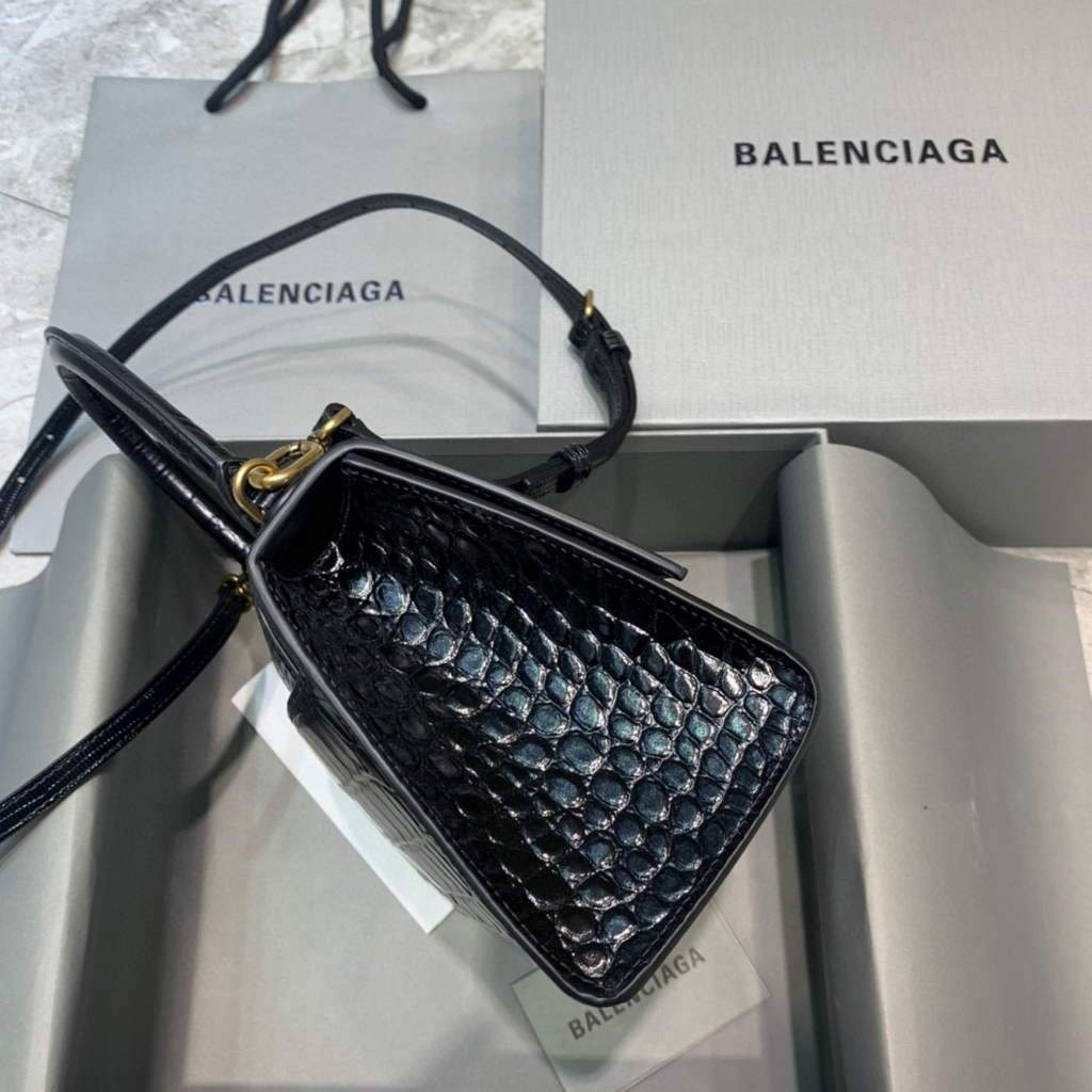 Balenciaga 593546 Hourglass Small Top Many Crocodile Bolsa Negro Gold-1