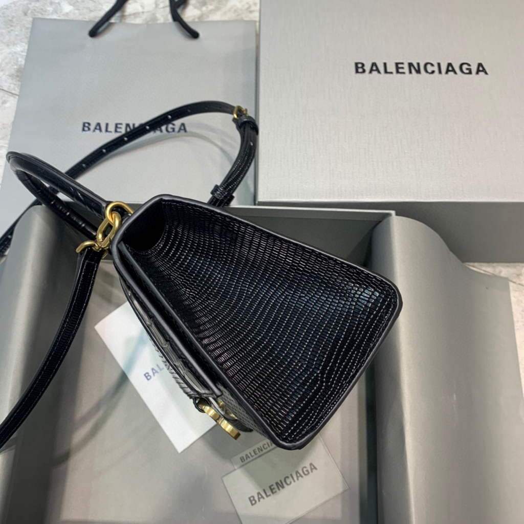 Balenciaga 593546 Hourglass Small Top Many Crocodile Bolsa Negro Gold-2