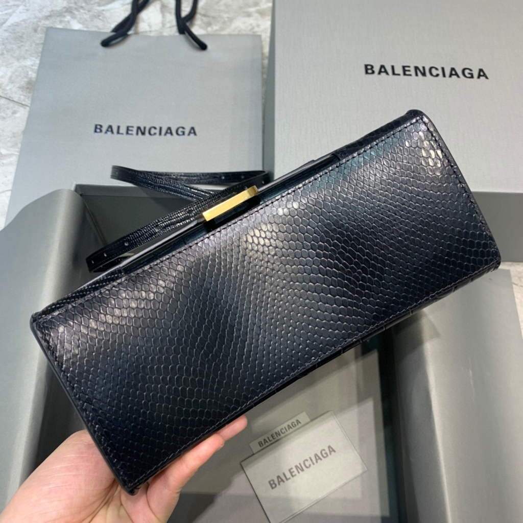 Balenciaga 593546 Hourglass Small Top Many Crocodile Bolsa Negro Gold-3