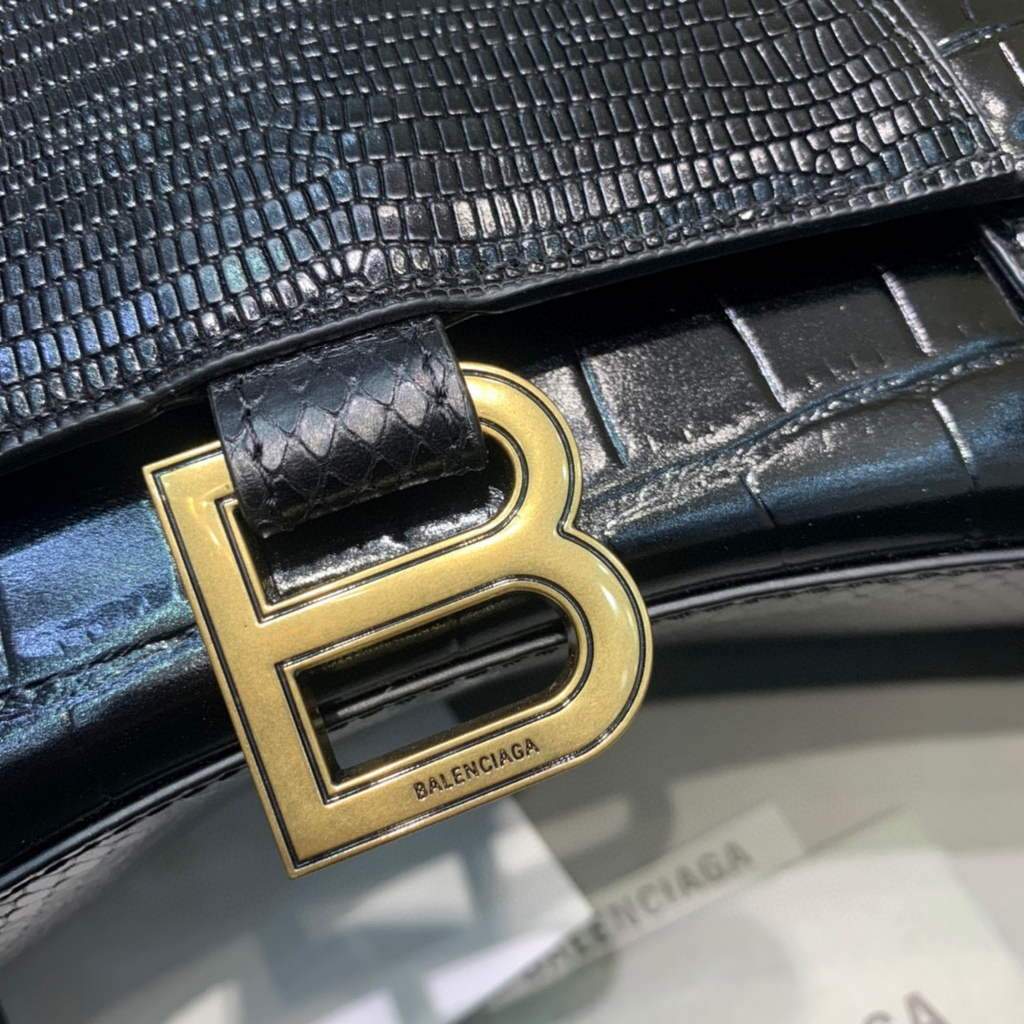 Balenciaga 593546 Hourglass Small Top Many Crocodile Bolsa Negro Gold-4