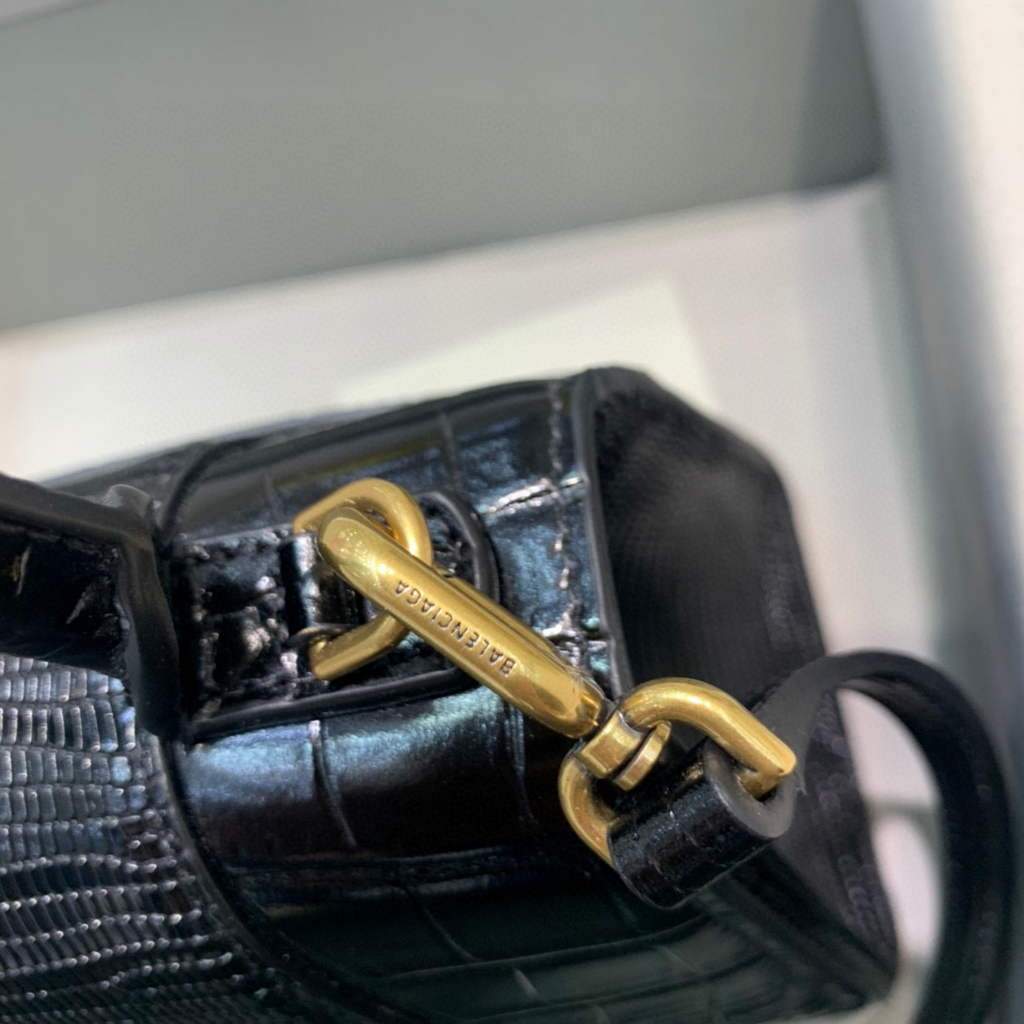 Balenciaga 593546 Hourglass Small Top Many Crocodile Bolsa Negro Gold-5