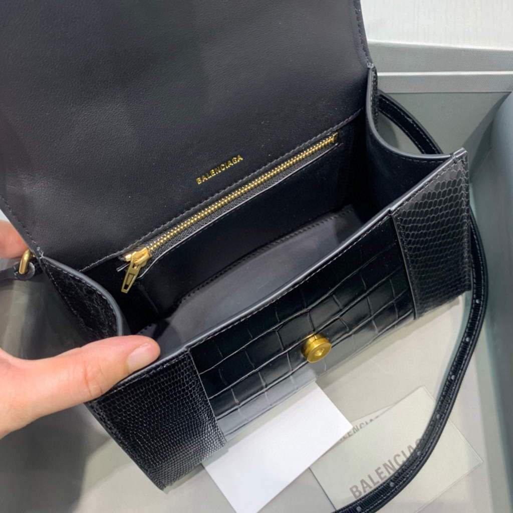 Balenciaga 593546 Hourglass Small Top Many Crocodile Bolsa Negro Gold-6
