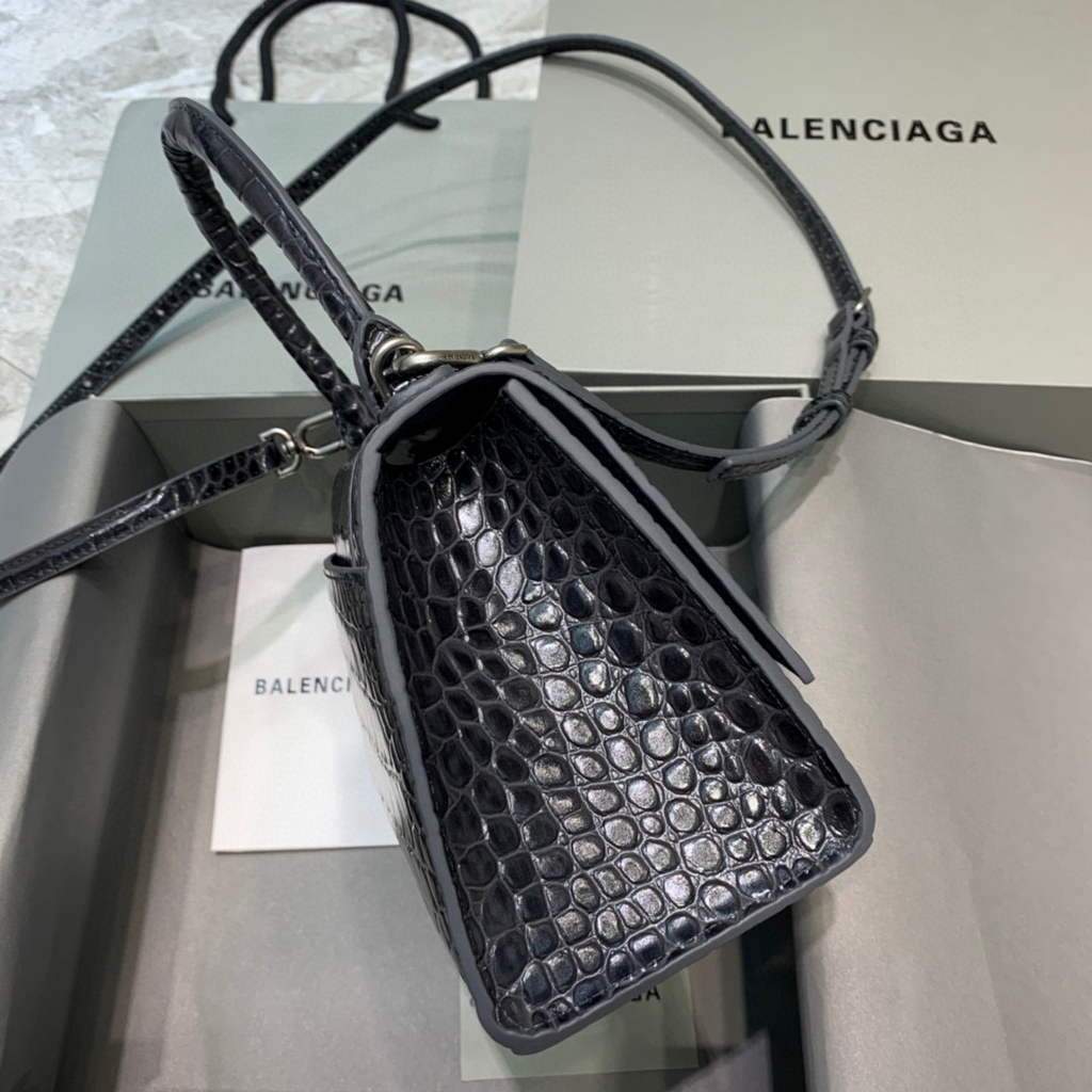 Balenciaga 593546 Hourglass Small Top Many Crocodile Bolsa Black Plate-1