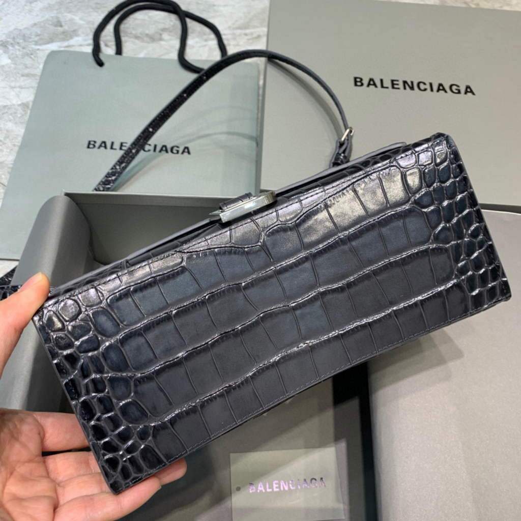 Balenciaga 593546 Hourglass Small Top Many Crocodile Bolsa Black Plate-2