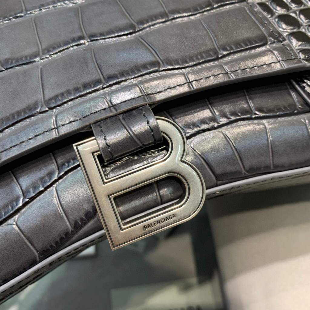 Balenciaga 593546 Hourglass Small Top Many Crocodile Bolsa Black Plate-3
