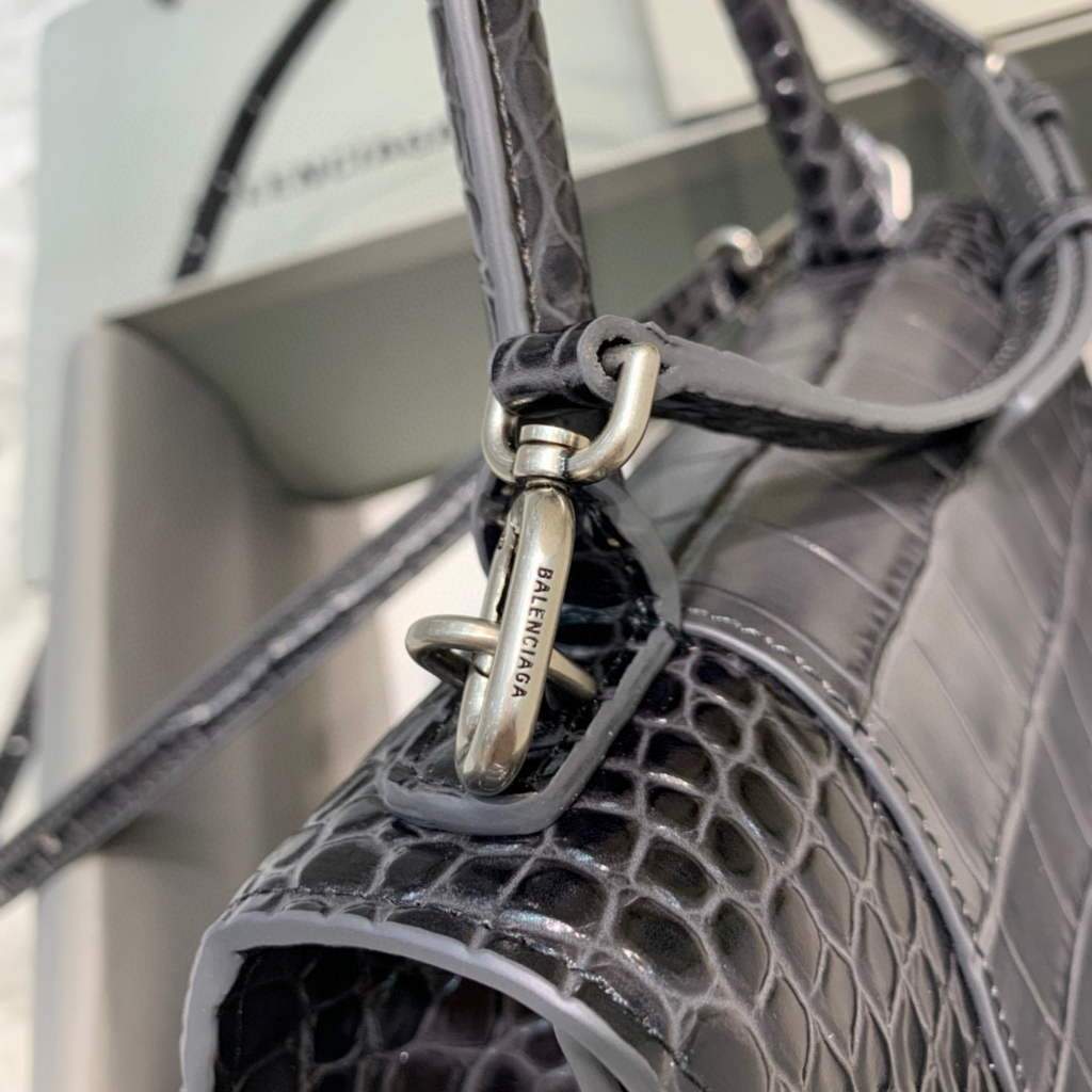 Balenciaga 593546 Hourglass Small Top Many Crocodile Bolsa Black Plate-4