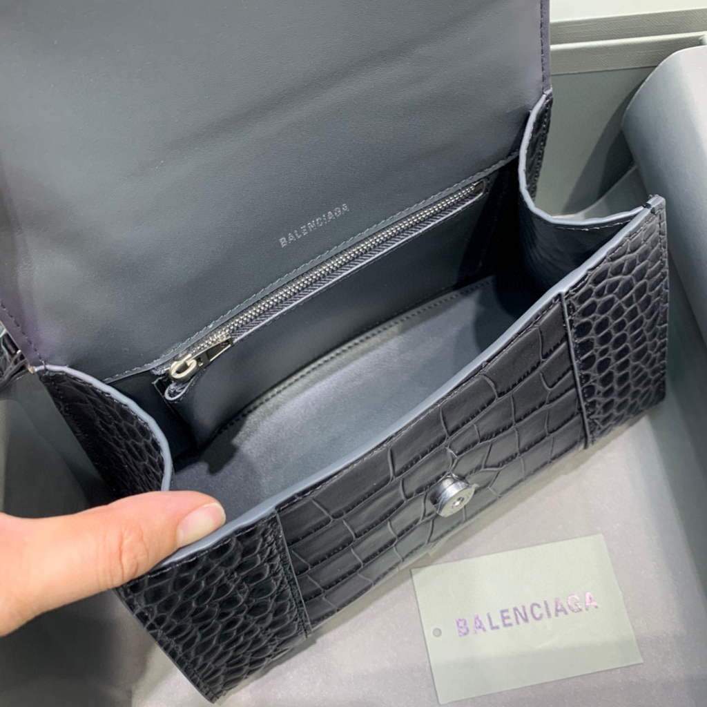 Balenciaga 593546 Hourglass Small Top Many Crocodile Bolsa Black Plate-5