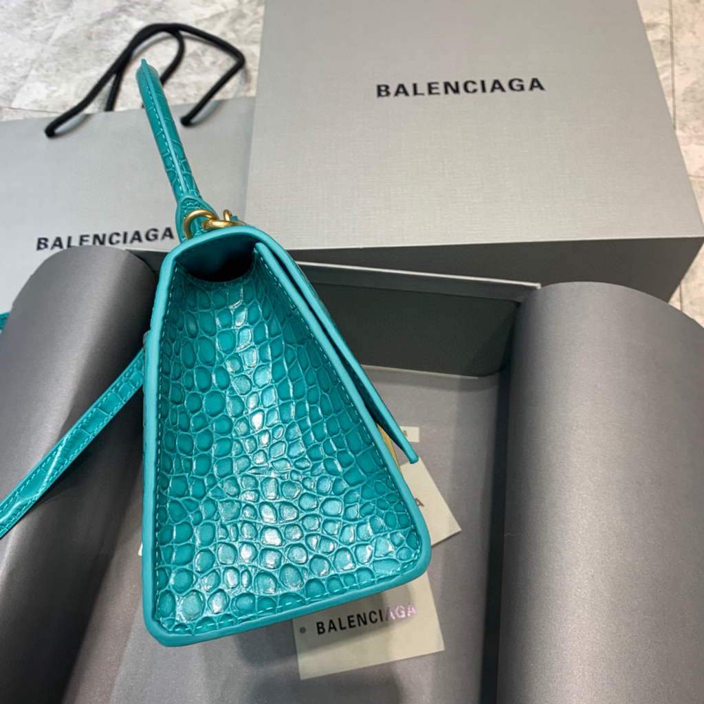 Balenciaga 593546 Hourglass Small Top Many Crocodile Bolsa Blue Gold-1