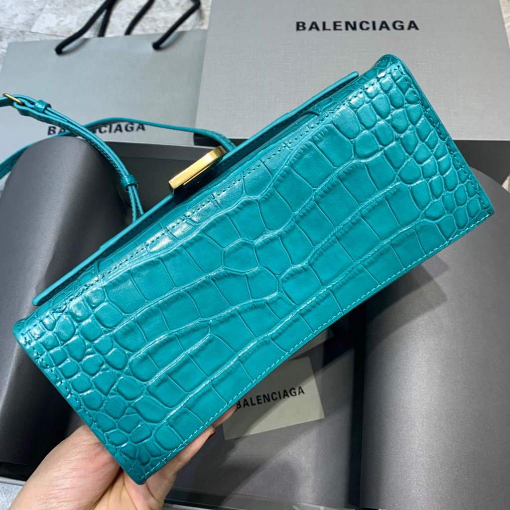 Balenciaga 593546 Hourglass Small Top Many Crocodile Bolsa Blue Gold-2