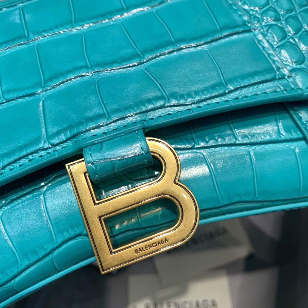 Balenciaga 593546 Hourglass Small Top Many Crocodile Bolsa Blue Gold-3