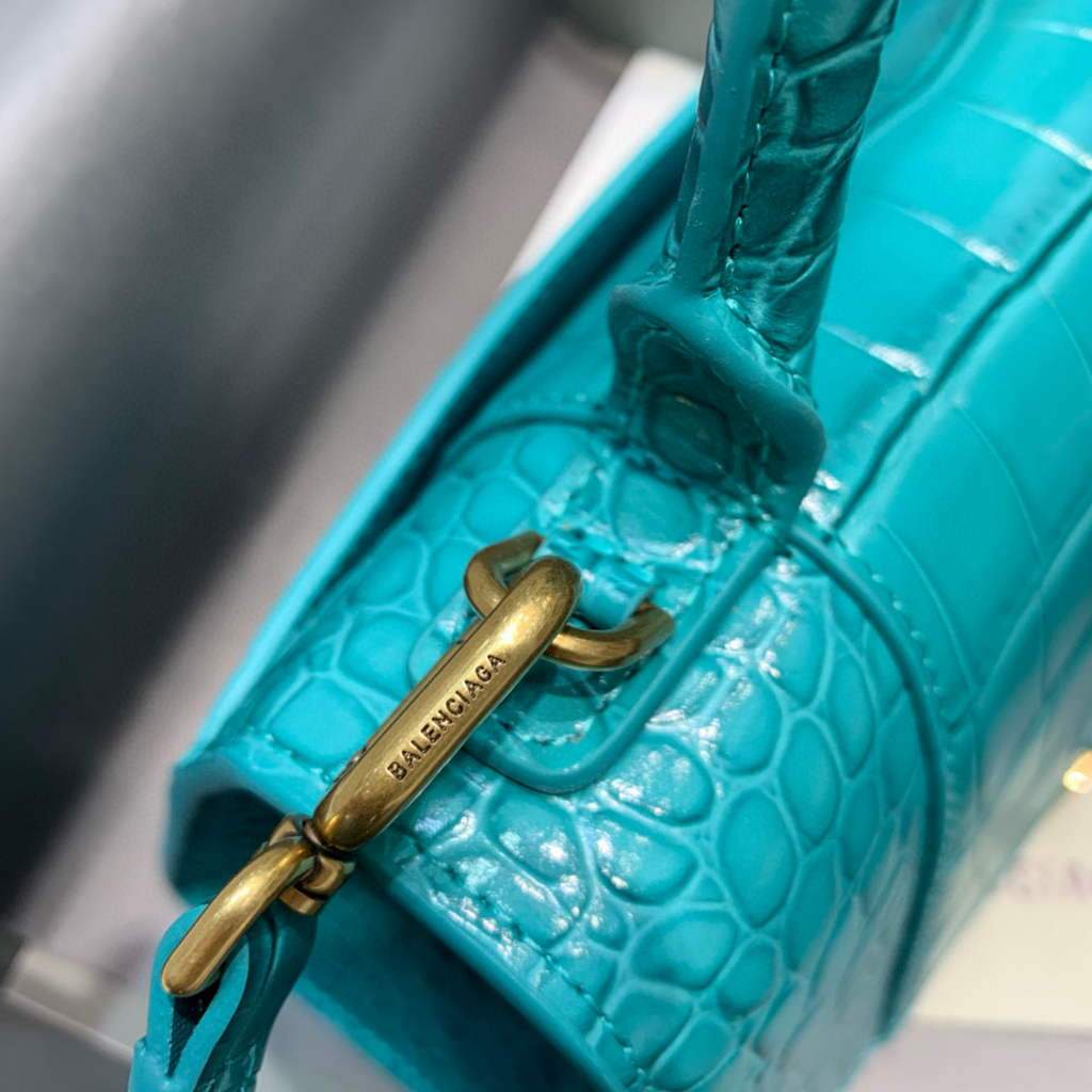 Balenciaga 593546 Hourglass Small Top Many Crocodile Bolsa Blue Gold-4