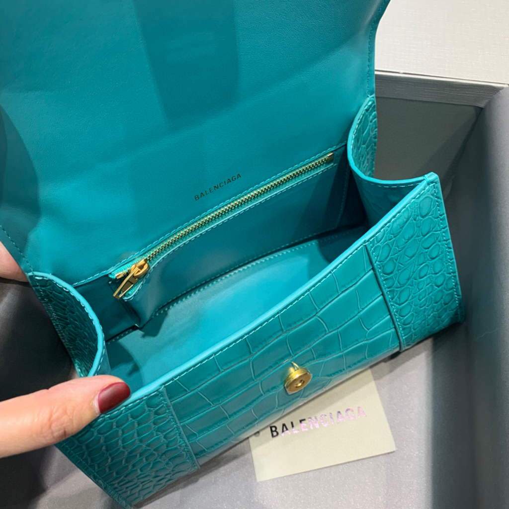Balenciaga 593546 Hourglass Small Top Many Crocodile Bolsa Blue Gold-5
