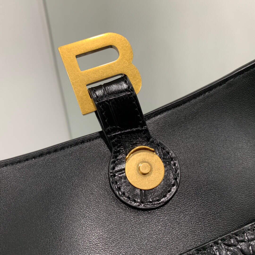 Balenciaga 671355 Femenina en el centro de la ciudad XS Bolso de hombro Crocodile en relieve Negro-4