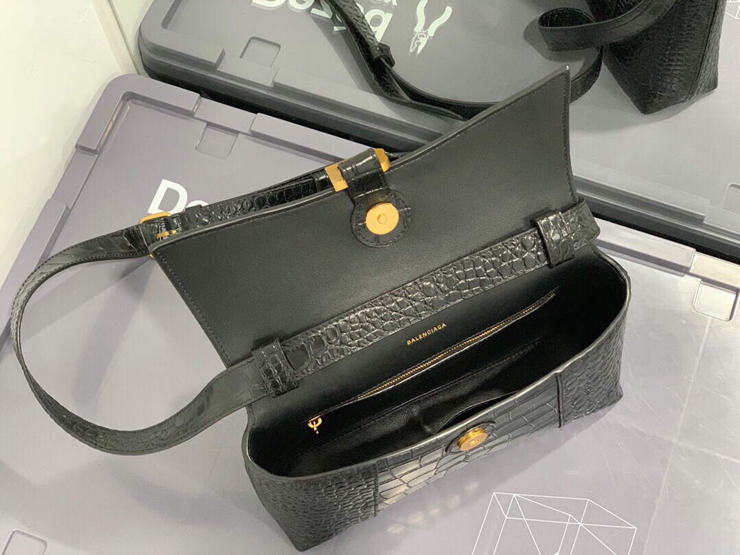Balenciaga 671355 Femenina en el centro de la ciudad XS Bolso de hombro Crocodile en relieve Negro-5