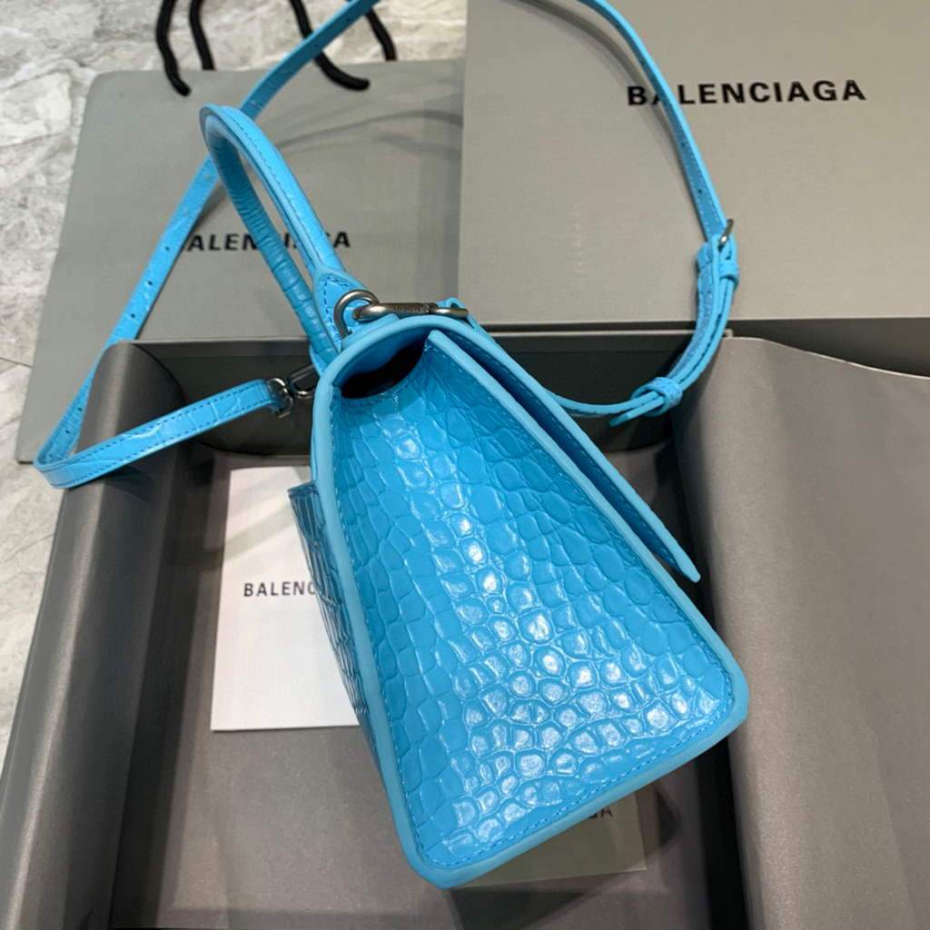 Balenciaga 593546 Hourglass Small Top Many Crocodile Bolsa Blue Silver-1
