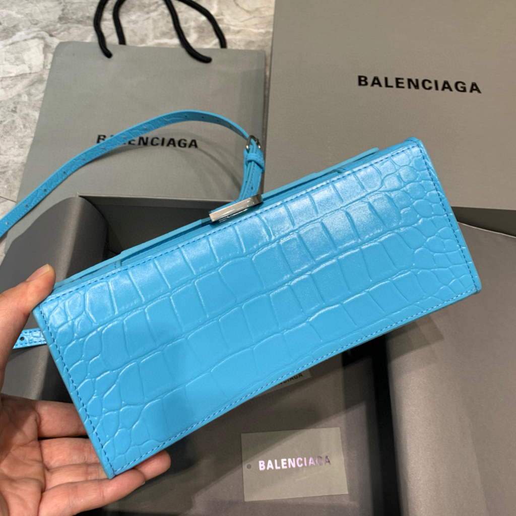Balenciaga 593546 Hourglass Small Top Many Crocodile Bolsa Blue Silver-2
