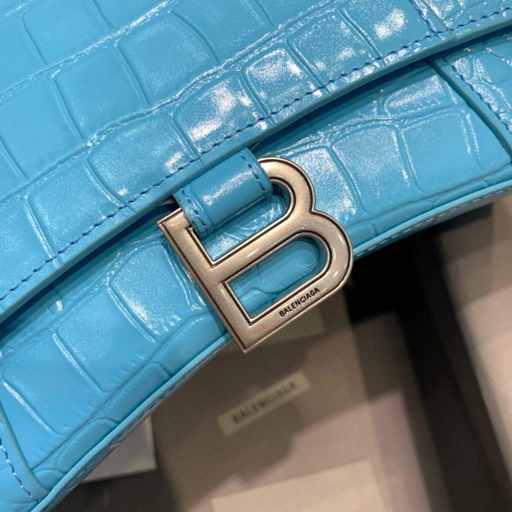 Balenciaga 593546 Hourglass Small Top Many Crocodile Bolsa Blue Silver-3