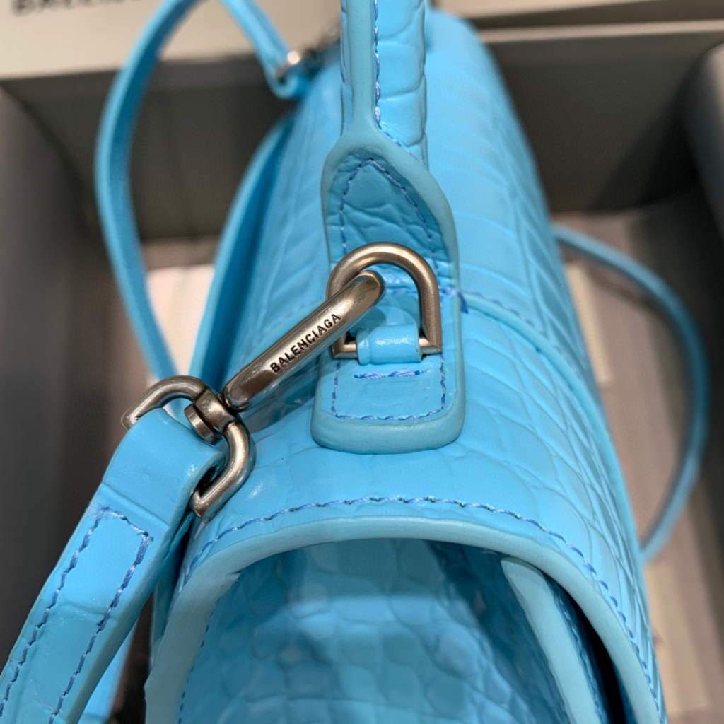 Balenciaga 593546 Hourglass Small Top Many Crocodile Bolsa Blue Silver-4