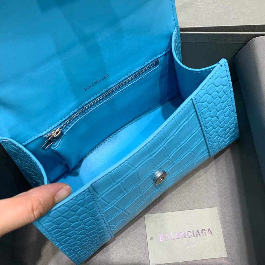 Balenciaga 593546 Hourglass Small Top Many Crocodile Bolsa Blue Silver-5