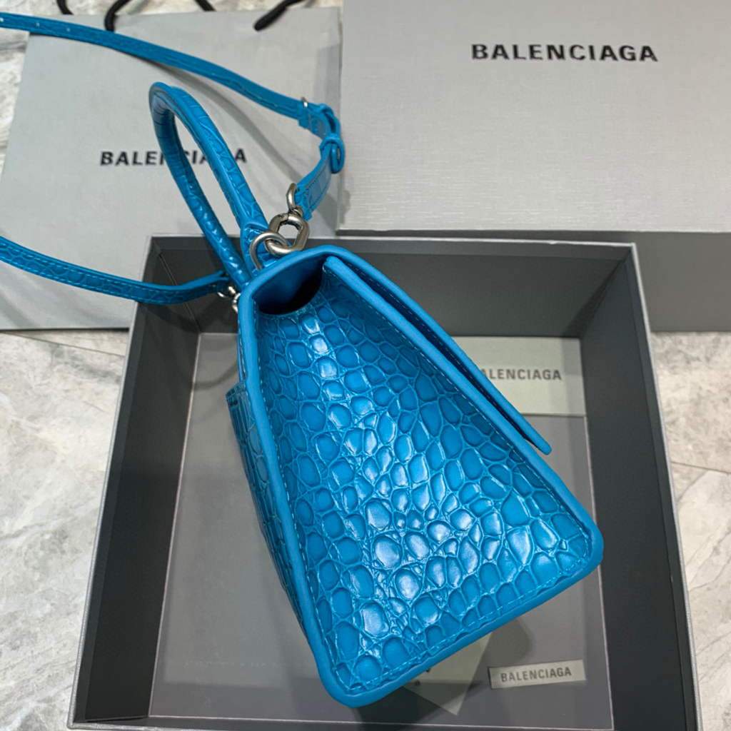 Balenciaga 593546 Hourglass Small Top Many Crocodile Bolsa Blue Silver-1