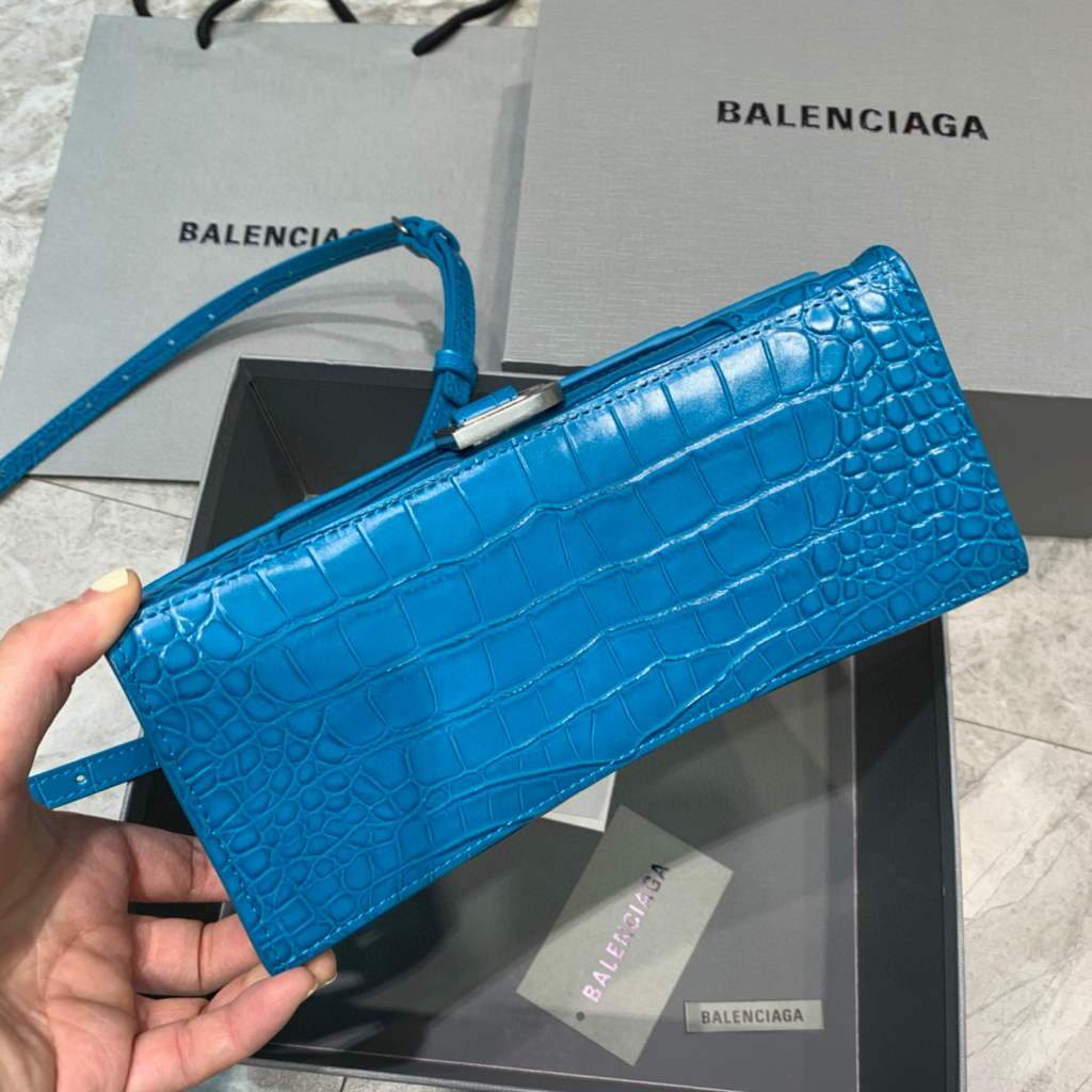 Balenciaga 593546 Hourglass Small Top Many Crocodile Bolsa Blue Silver-2