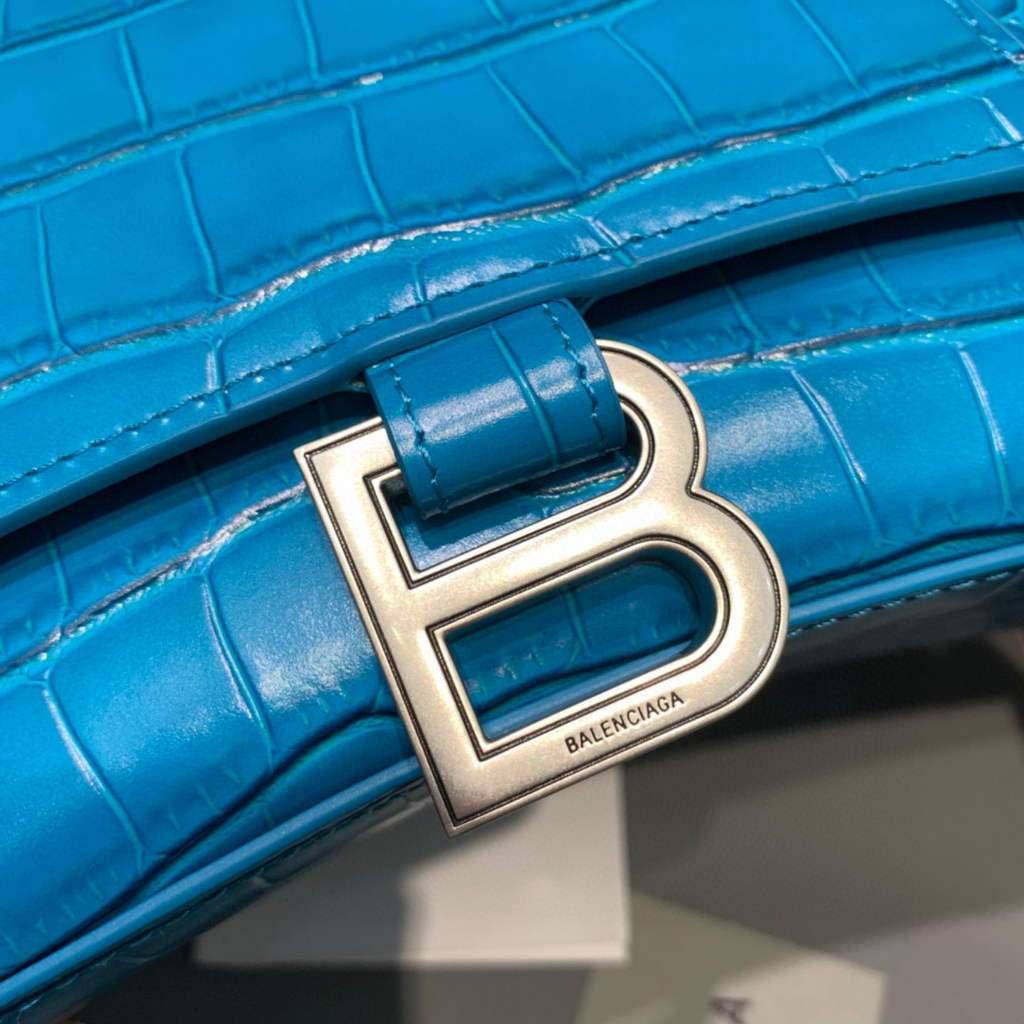 Balenciaga 593546 Hourglass Small Top Many Crocodile Bolsa Blue Silver-3