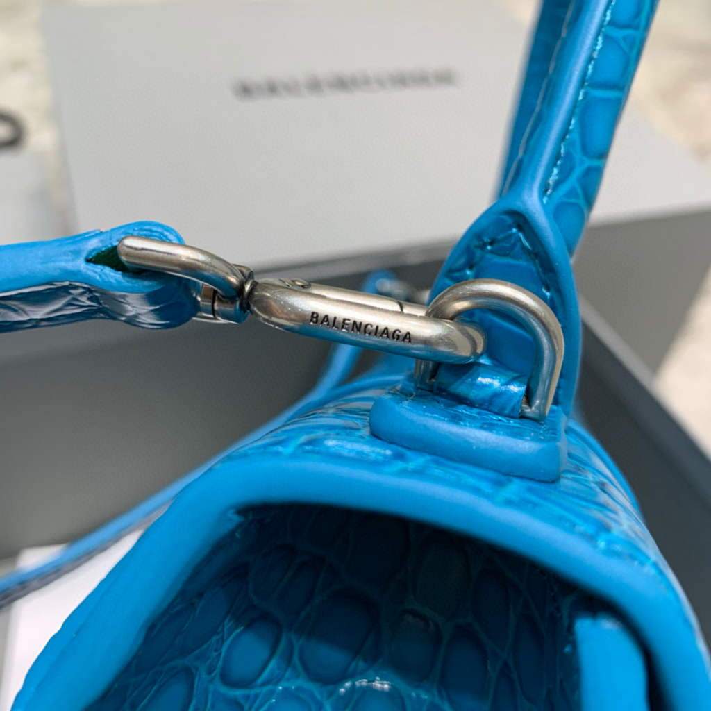 Balenciaga 593546 Hourglass Small Top Many Crocodile Bolsa Blue Silver-4