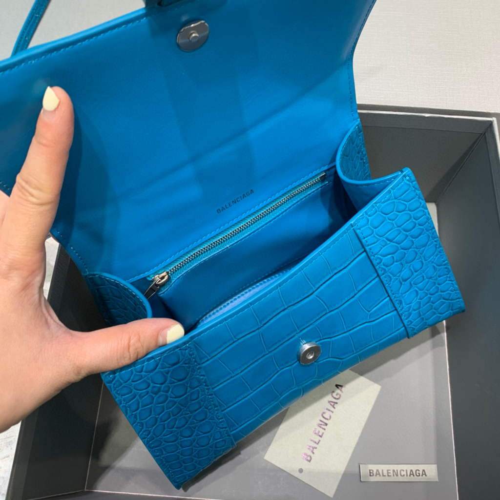 Balenciaga 593546 Hourglass Small Top Many Crocodile Bolsa Blue Silver-5
