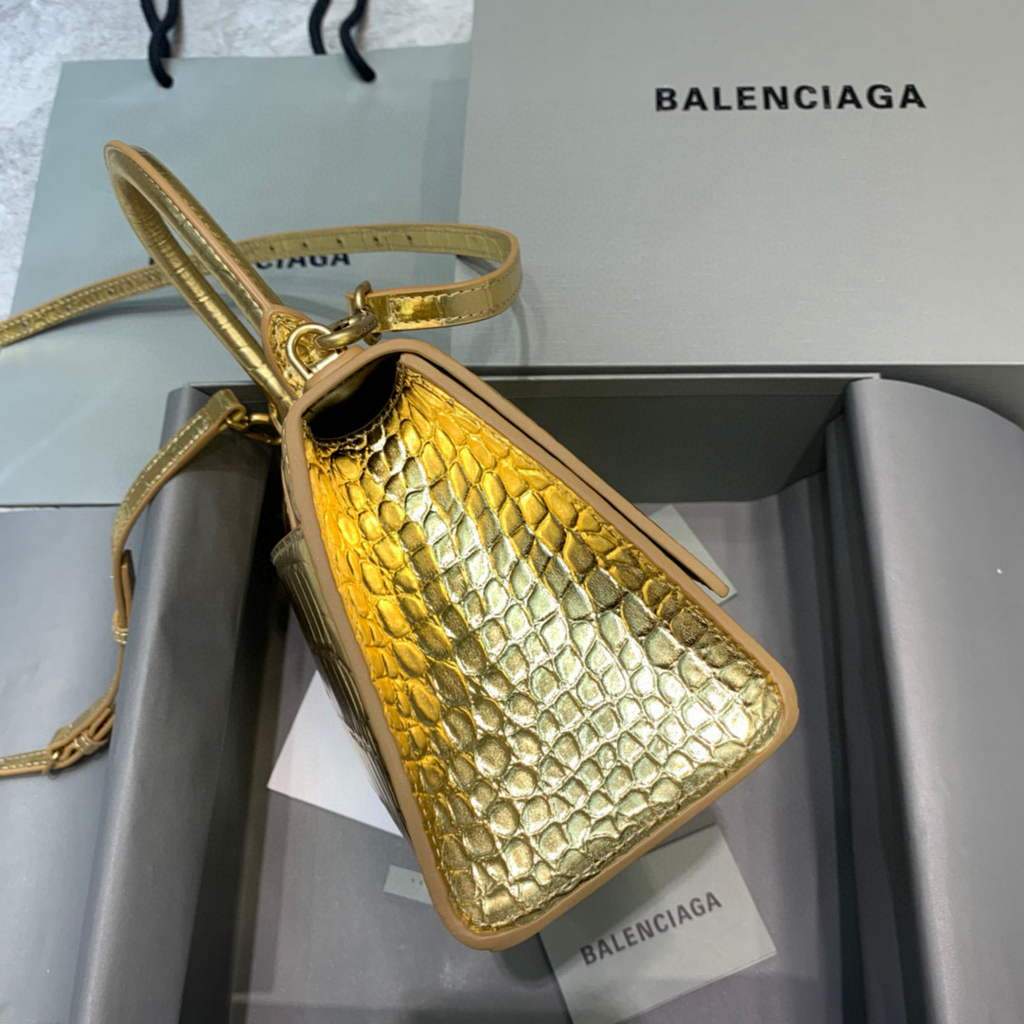 Balenciaga 593546 Hourglass Small Top Many Crocodile Bolsa Gold-1