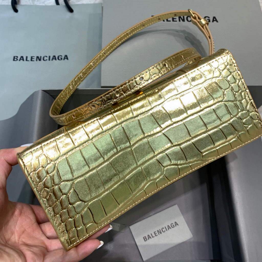 Balenciaga 593546 Hourglass Small Top Many Crocodile Bolsa Gold-2