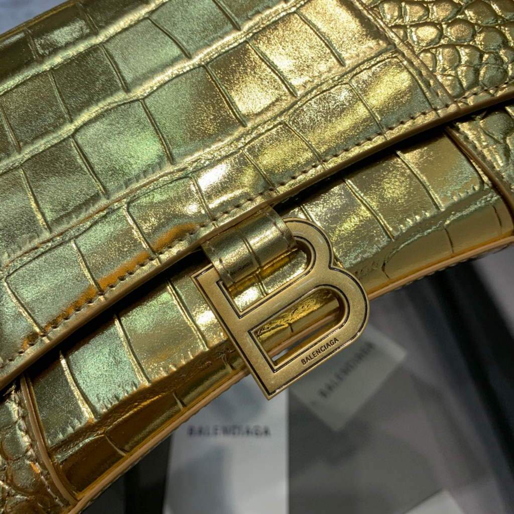 Balenciaga 593546 Hourglass Small Top Many Crocodile Bolsa Gold-3