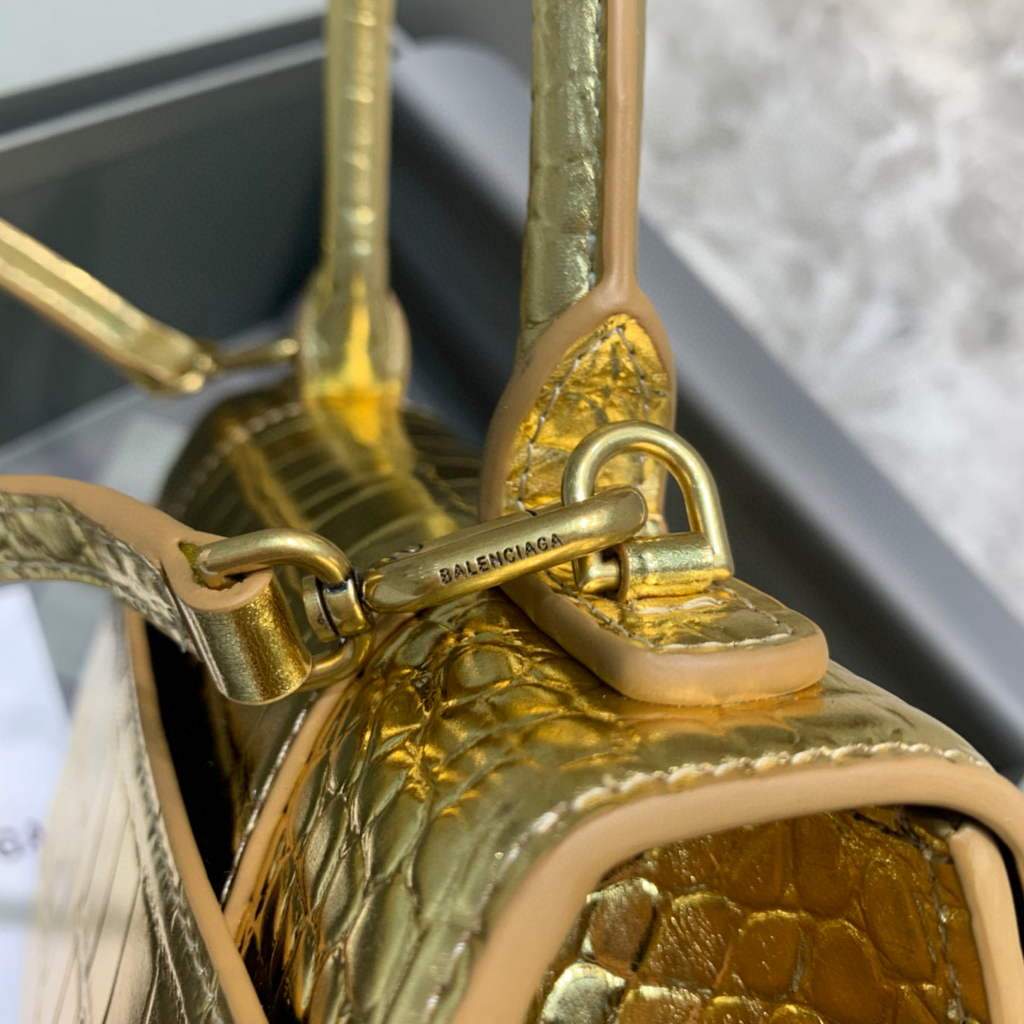 Balenciaga 593546 Hourglass Small Top Many Crocodile Bolsa Gold-4