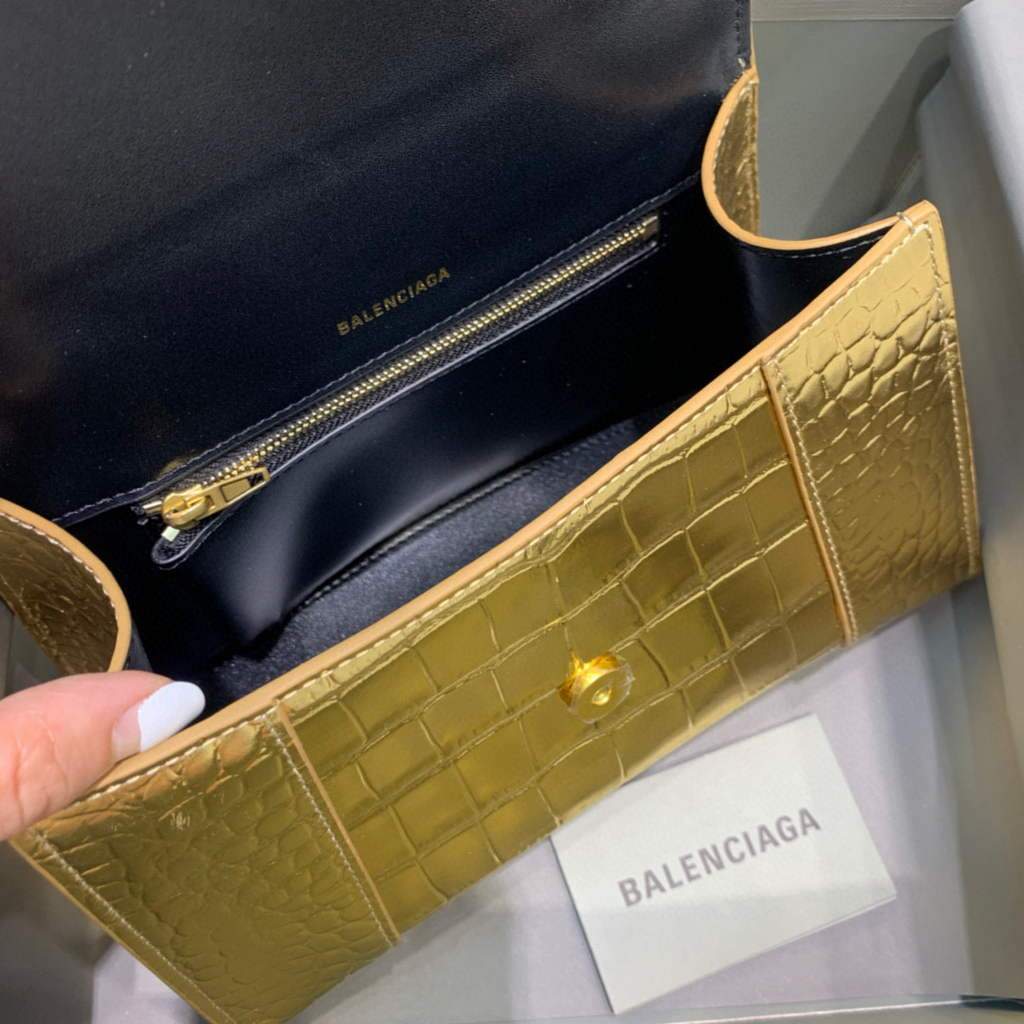 Balenciaga 593546 Hourglass Small Top Many Crocodile Bolsa Gold-5
