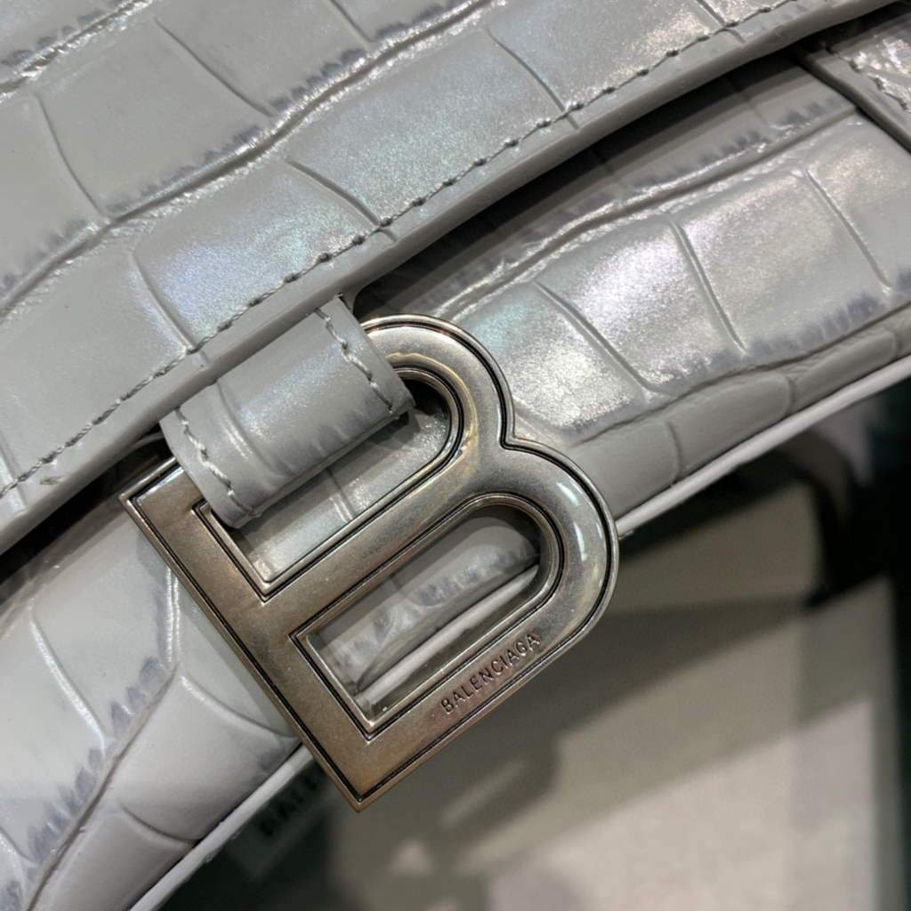 Balenciaga 593546 Hourglass Small Top Many Crocodile Bolsa Grey Plata-3