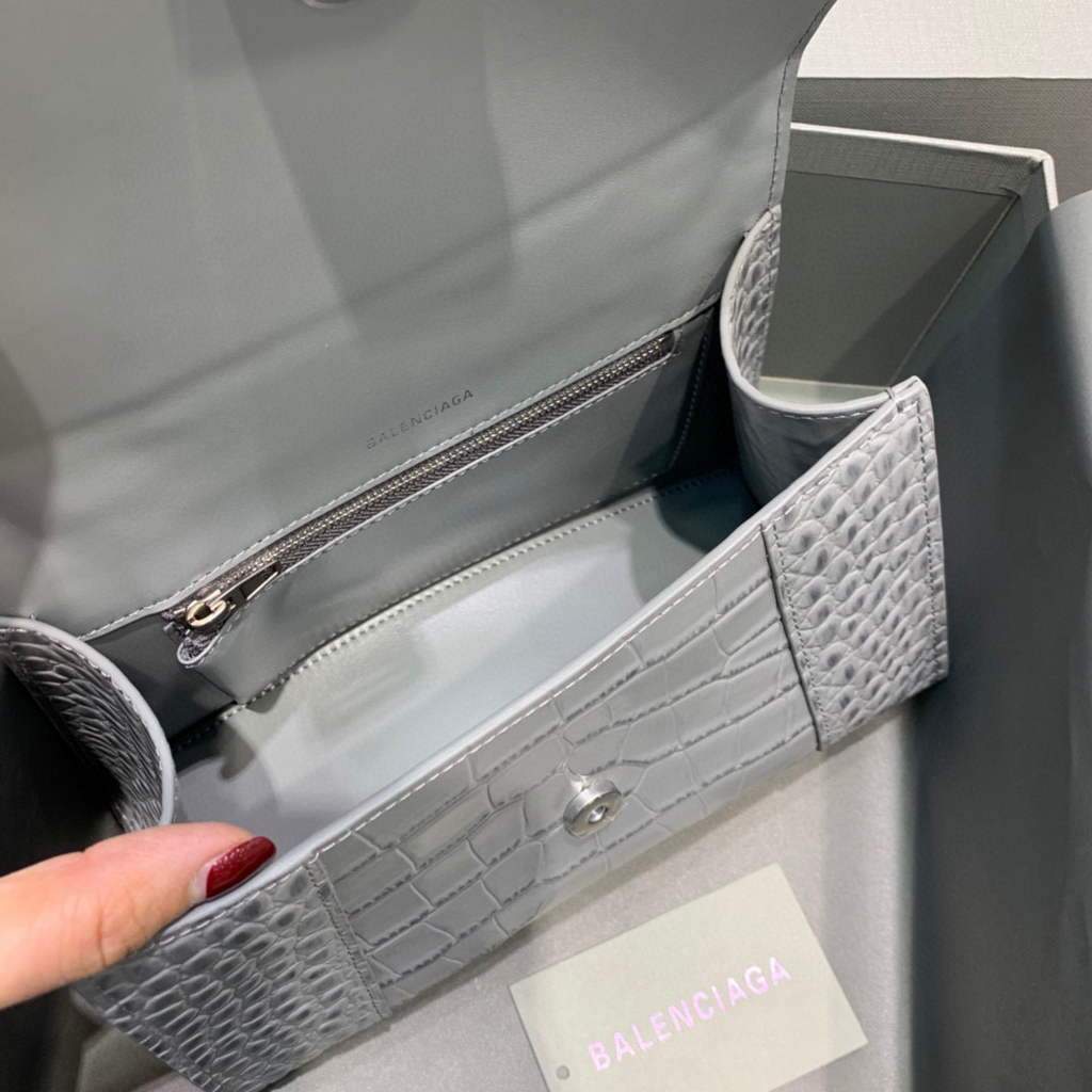 Balenciaga 593546 Hourglass Small Top Many Crocodile Bolsa Grey Plata-5