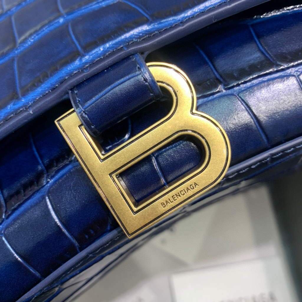 Balenciaga 593546 Hourglass Small Top Many Crocodile Bolsa Navy Blue-3