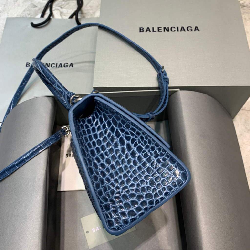 Balenciaga 593546 Hourglass Small Top Many Crocodile Bolsa Navy Blue Silver-1