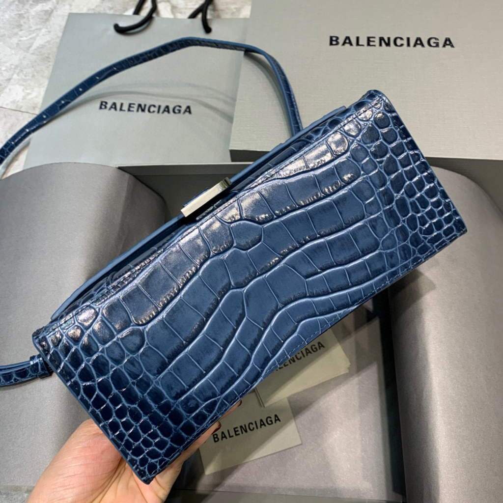 Balenciaga 593546 Hourglass Small Top Many Crocodile Bolsa Navy Blue Silver-2