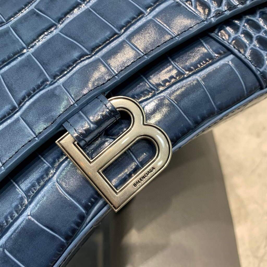 Balenciaga 593546 Hourglass Small Top Many Crocodile Bolsa Navy Blue Silver-3