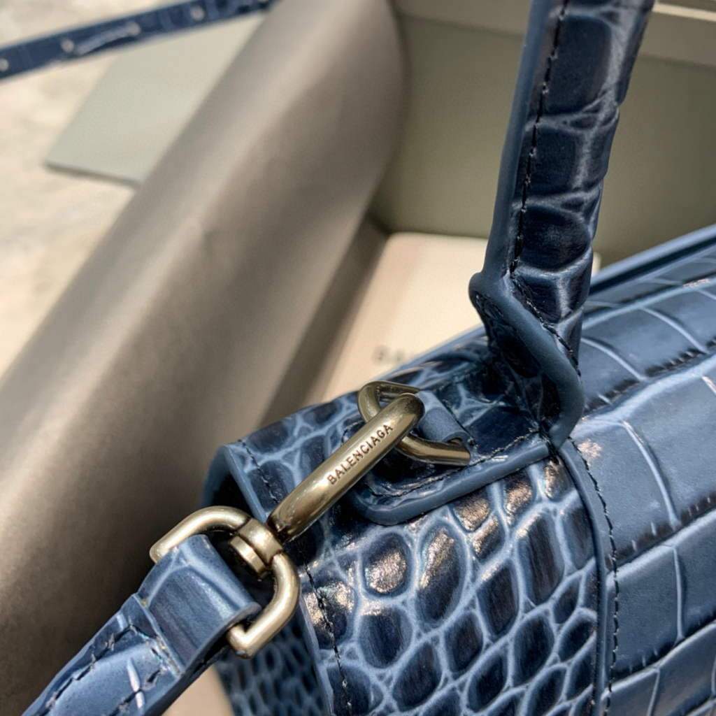 Balenciaga 593546 Hourglass Small Top Many Crocodile Bolsa Navy Blue Silver-4