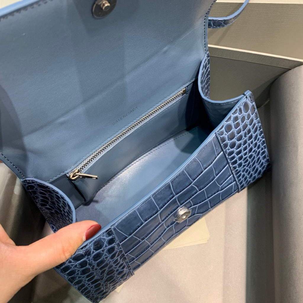 Balenciaga 593546 Hourglass Small Top Many Crocodile Bolsa Navy Blue Silver-6