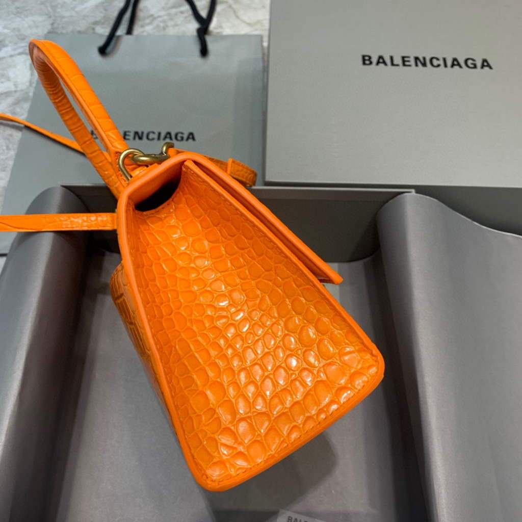 Balenciaga 593546 Hourglass Small Top Many Crocodile Bolsa Orange Gold-1