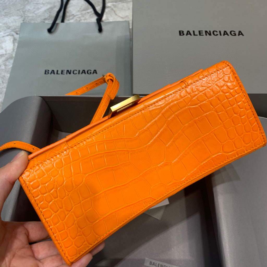 Balenciaga 593546 Hourglass Small Top Many Crocodile Bolsa Orange Gold-2