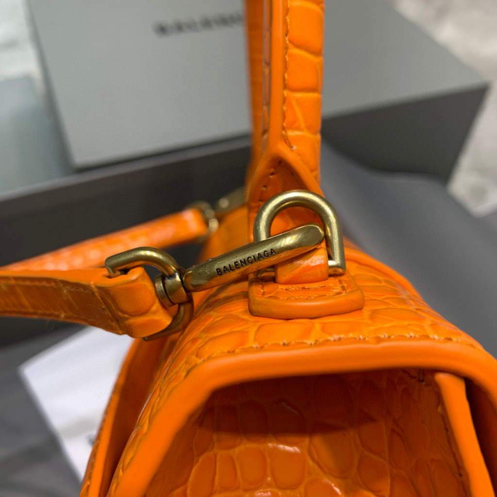 Balenciaga 593546 Hourglass Small Top Many Crocodile Bolsa Orange Gold-3