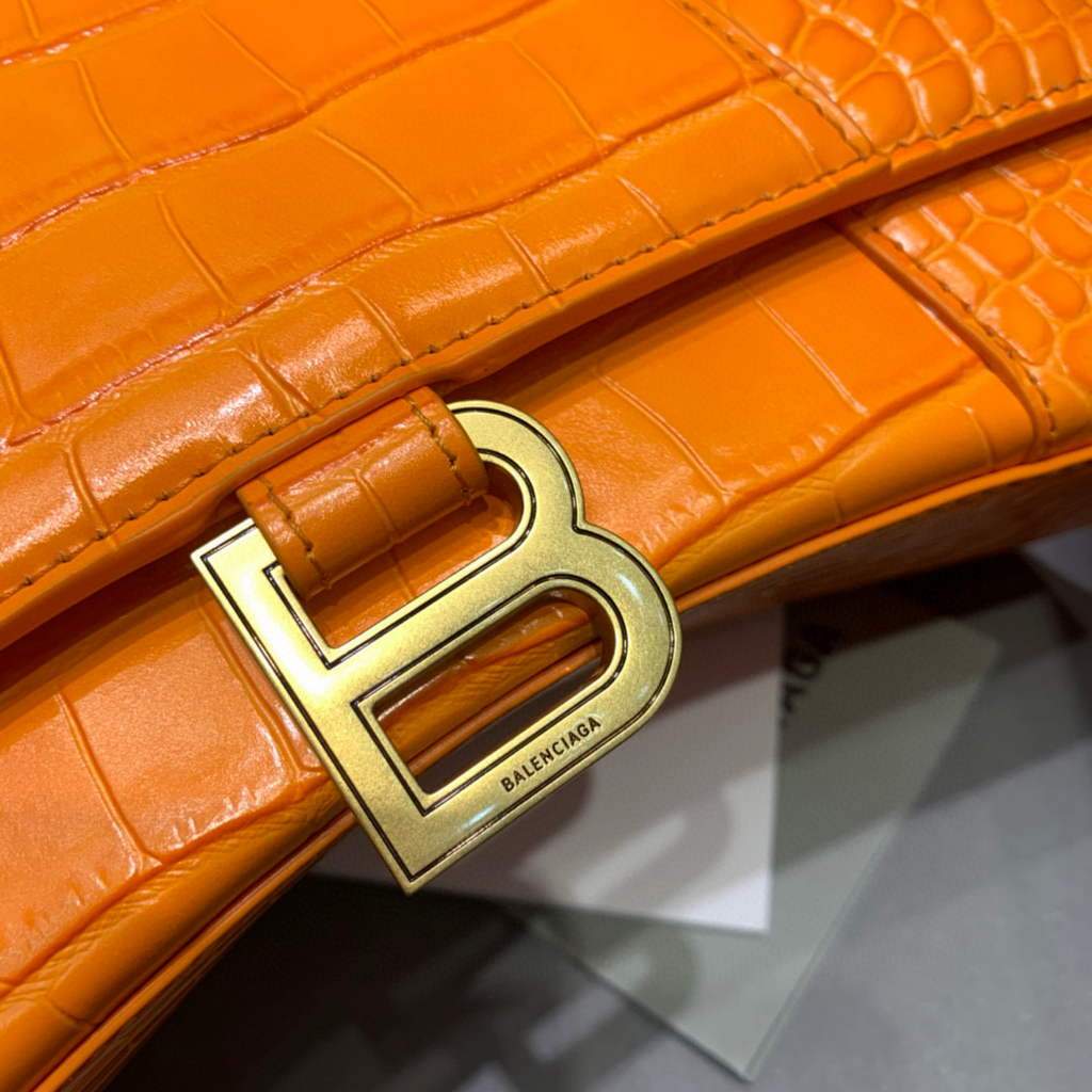 Balenciaga 593546 Hourglass Small Top Many Crocodile Bolsa Orange Gold-4
